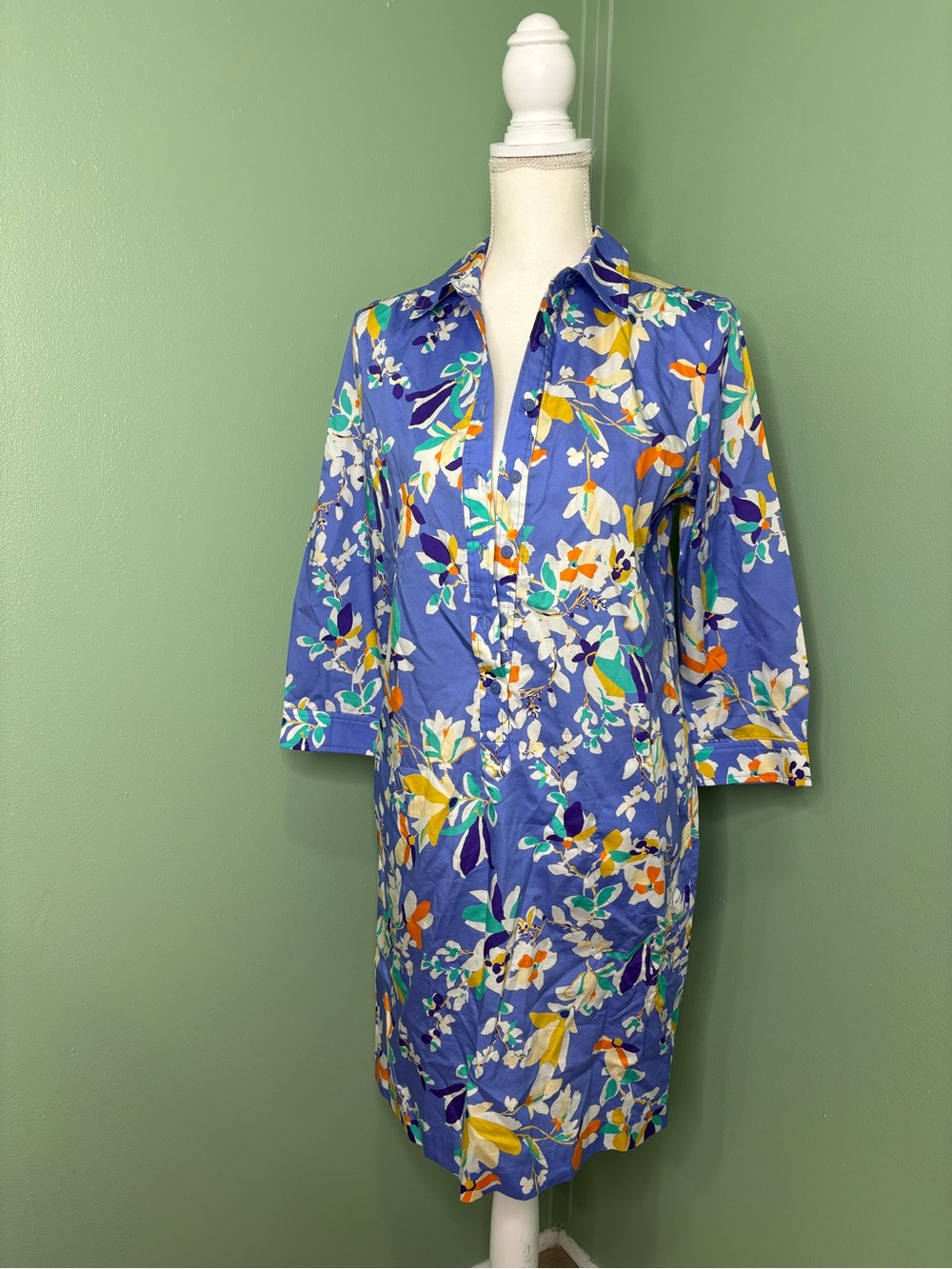 Tyler Boe Blue Floral Shirt Dress with Yellow & White Accents